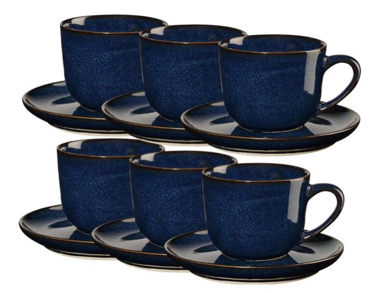 Porcelain Ceramic Mug Coffee Cup with Saucer - Midnight Blue - 300ml - 6 Piece Set