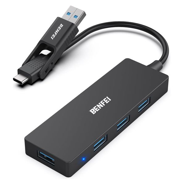 BENFEI USB-A / C 3.0 Male-to-Female 4-Port USB3.0 Ultra-Flat Hub - Black