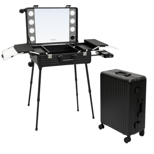 Portable LED Makeup Trolley Case with Mirror, Bluetooth &amp; Extendable Legs