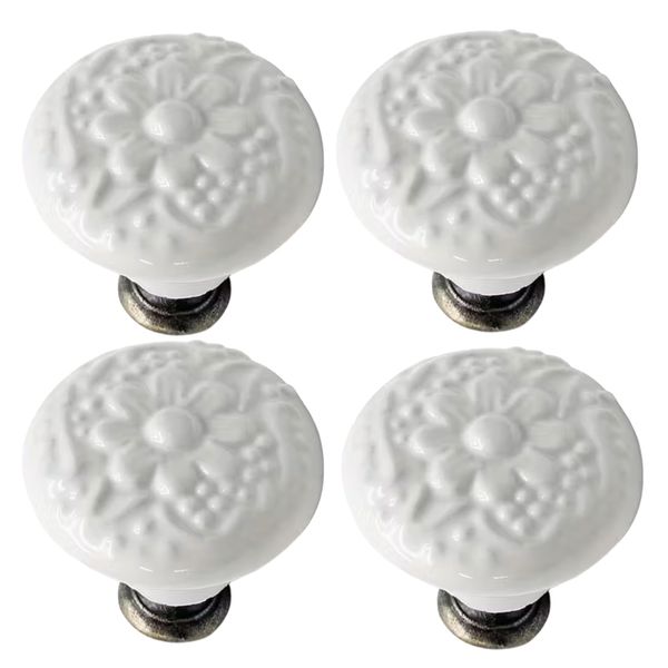Decor White Ceramic Cabinet Drawer Doorknobs With Floral Design - 3.4cm