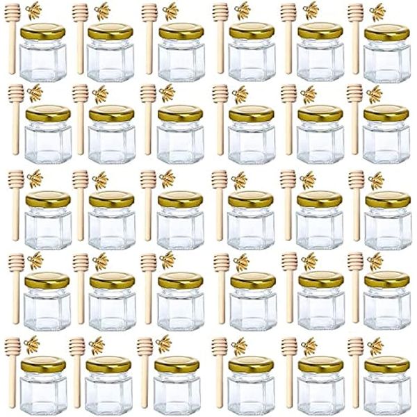 1.5 oz Hexagon Mini Glass Honey Jars - 30 Pack Honey Jars with Wood Dipper
