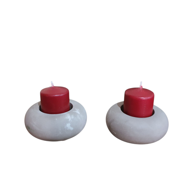 Two Round Cement Pillar Candle Holders - Including Pillar Candles