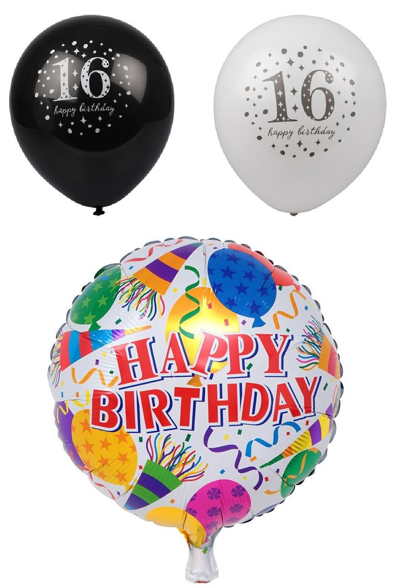 16 Milestone Balloons Helium 12pc Black & 12pc White + Happy Birthday