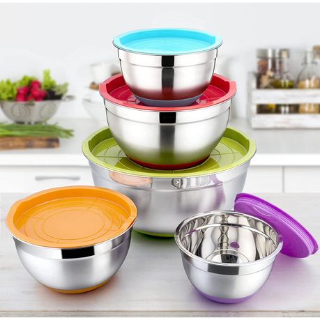 5 Pcs Mixing Bowl,stainless Steel Salad Bowl With Airtight Lid&non