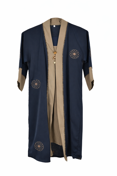 Navy Little Girls Floral Embroidered Abaya Set with Inner Attached Dress