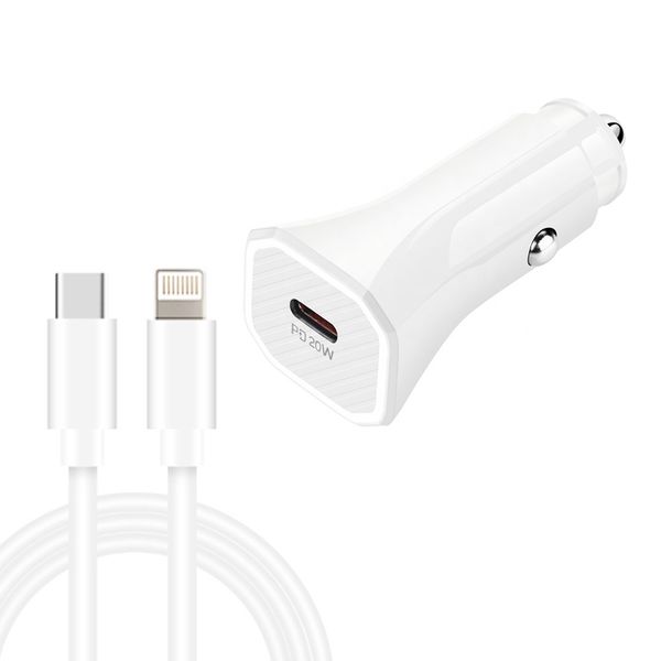 20W Type-C Power Adapter Car Charger with USB-C to Lightning Cable White