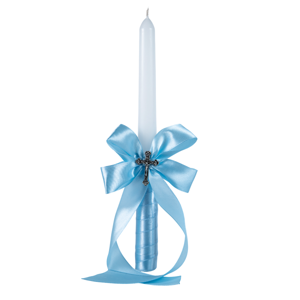 Christening Candle with Crucifix and Satin Bow - 25cm