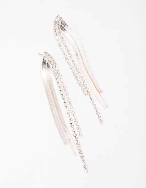 Silver Cupchain Diamante Drop Earrings