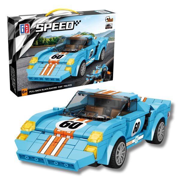Building Block Speed Racing Car Set 2in1- 336 pcs Blue with Pullback action