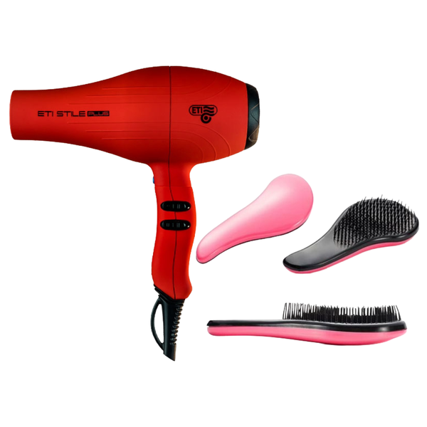 ETI Stile Plus Matte Red Hairdryer 2,500W &amp; Sarah Beauty S-Shaped Brush