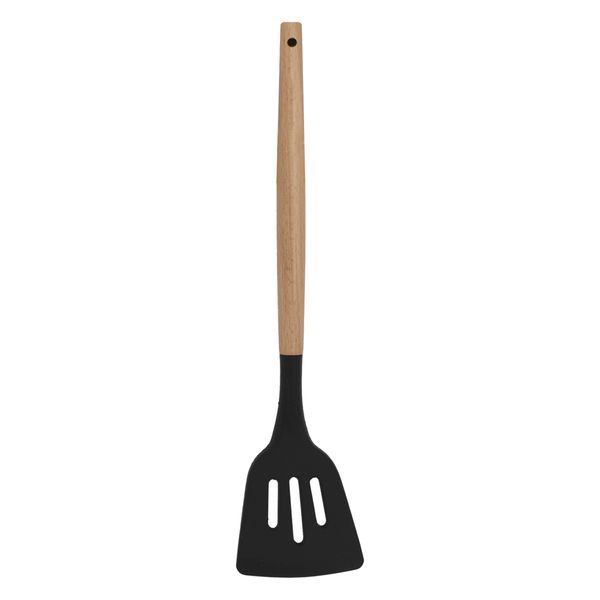 Regent Kitchen Slotted Turner Black Silicone And Beechwood, (320X80Mm)