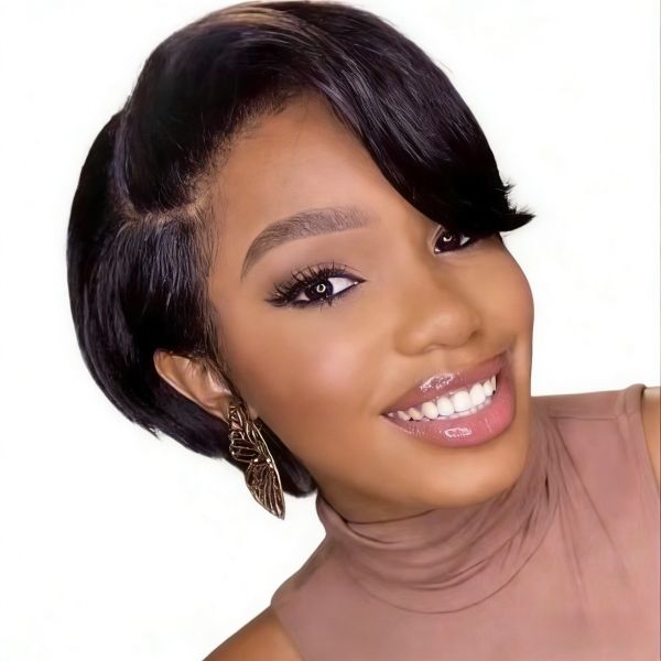 Retro temperament slanted short hair wig, natural shiny black texture