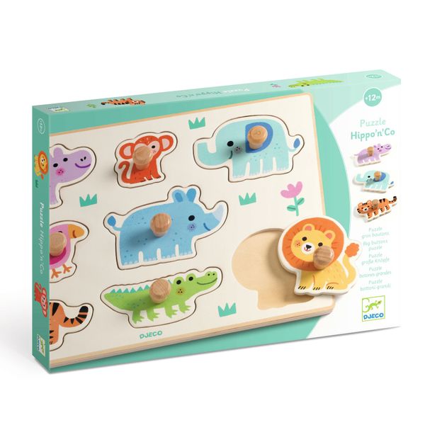 Djeco 8-Piece Wild Animal 8 Piece Wooden Peg Puzzle - Hippo'n'Co