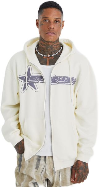 boohooMAN - Men's Worldwide Star Zip Through Hoodie - Ecru