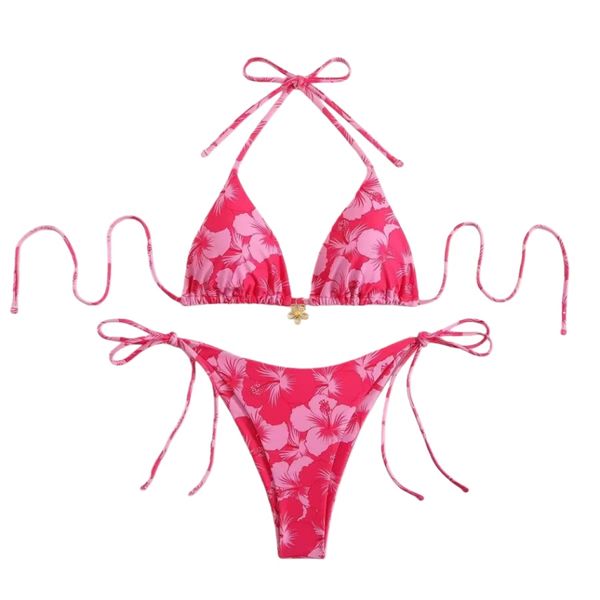 Dainty Floral Print Triangle Bikini - Chic Summer Style, Adjustable