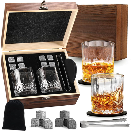 Whisky Rocks Whiskey Stones Glasses Gift Men Party Present Wooden Box Gift Image
