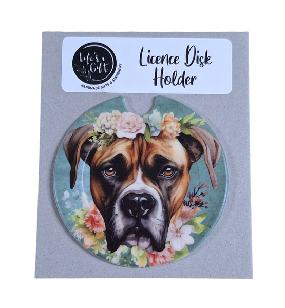 Dog &amp; Flowers Licence Disk Holder - Serious Boxer