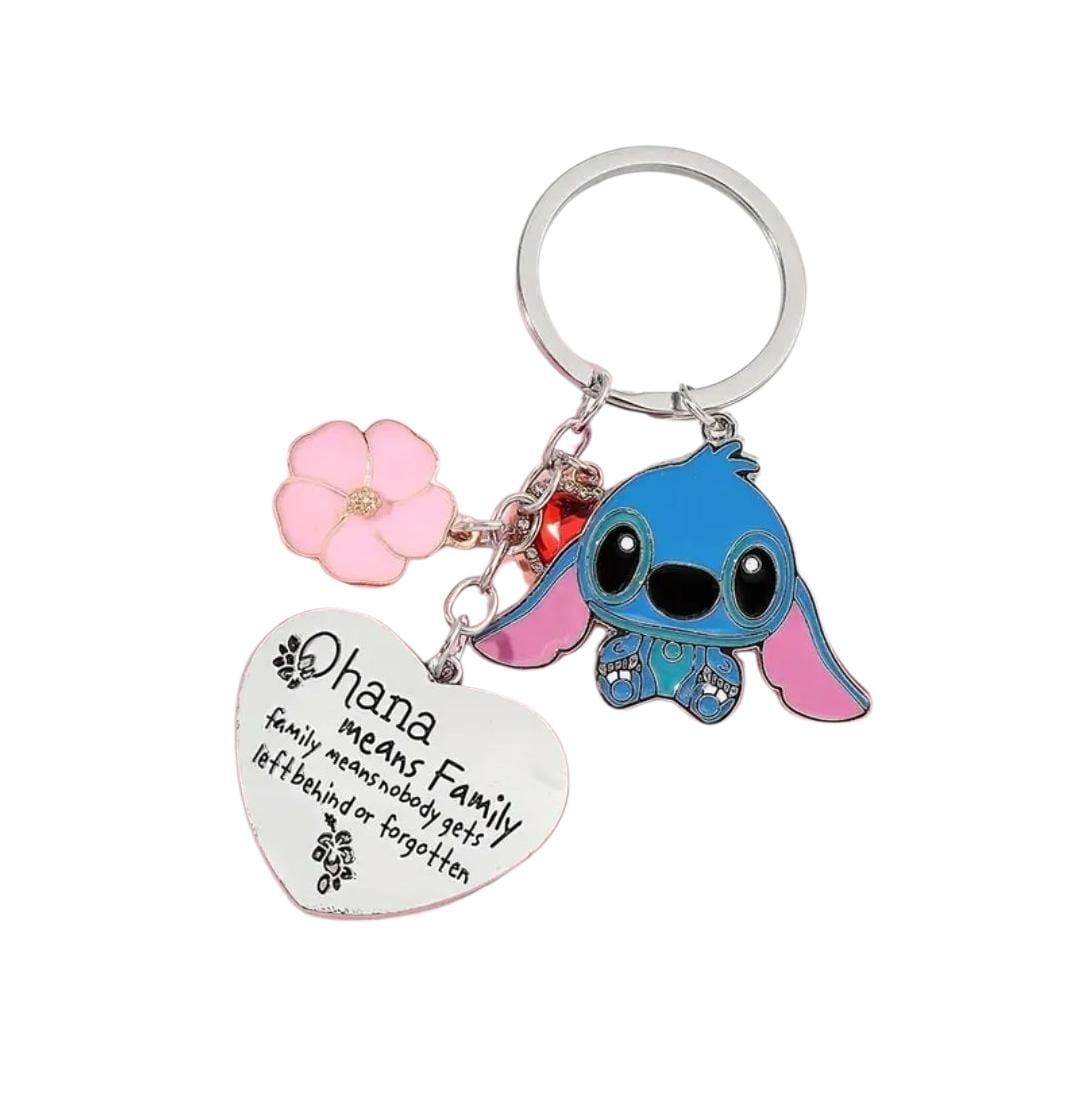 Disney Stitch Keychain - Cute Heart-Shaped Pendant with Ohana Flower Design