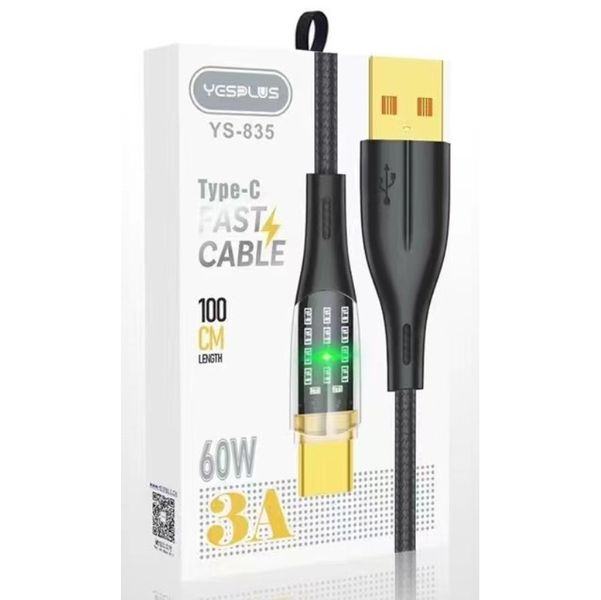 YESPLUS YS-835 Cyberpunk Transparent Fast Data Cable 3A 60W Type C Black