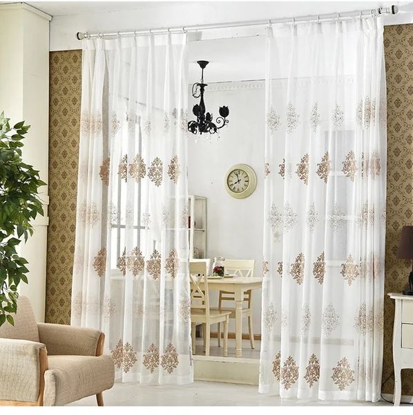 DOT Readymade Semi-Sheer Damask Taped Voile Curtains - White, Brown