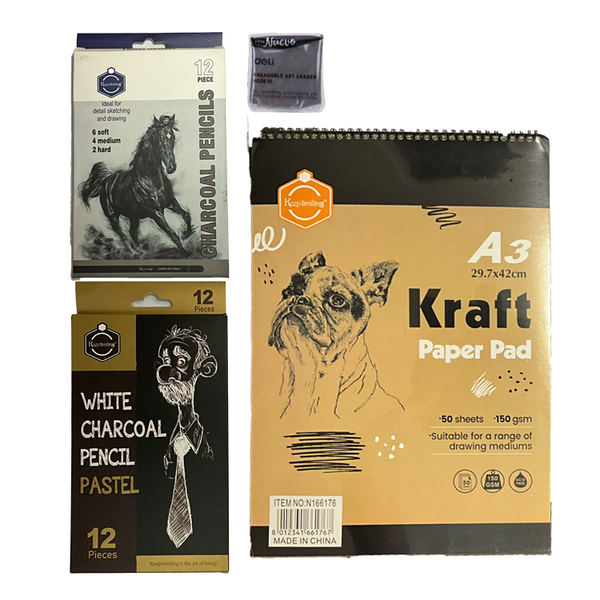 A3 Kraft Sketch Pad with Black and White Charcoal Pencils