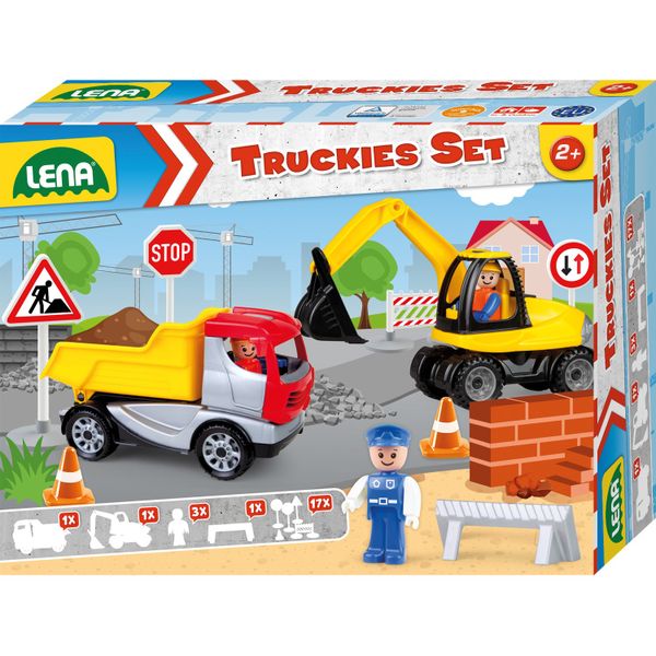 LENA Toy Construction Site: TRUCKIES Tipper, Excavator, 3x Figurines, Signs