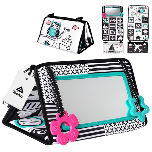 Topika Baby Mirror Infant Toys with Crinkle Cloth Book &amp; Teether 3 IN 1 Set