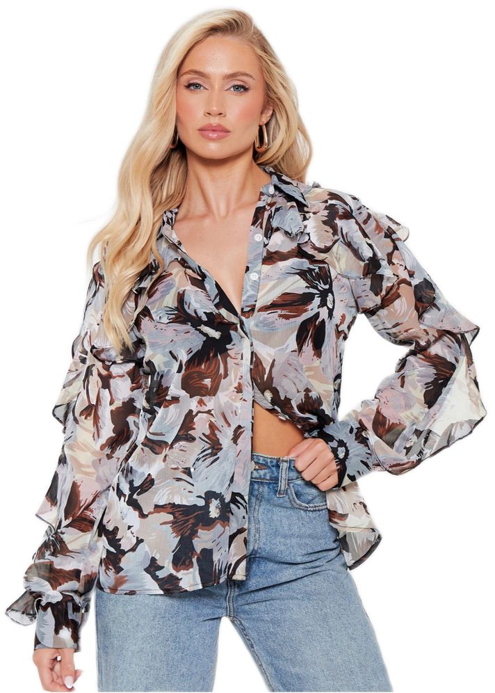 I Saw It First Ladies - Cream Floral Frill Sleeve Mesh Blouse | Shop ...