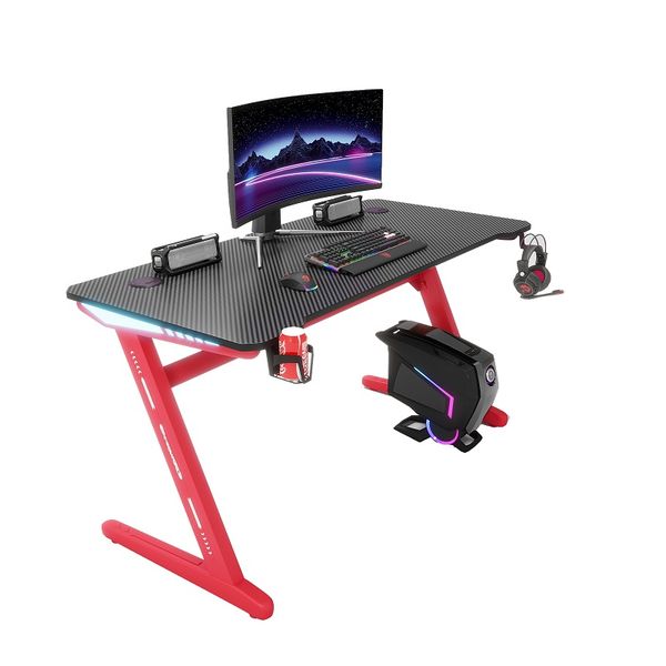 ERGONOMIC RGB &amp; LED Gaming Desk,140cm Z Shaped Home Computer Table - Red