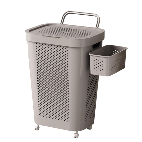 Rolling Laundry Basket with Lid and Side Storage Basket - Grey