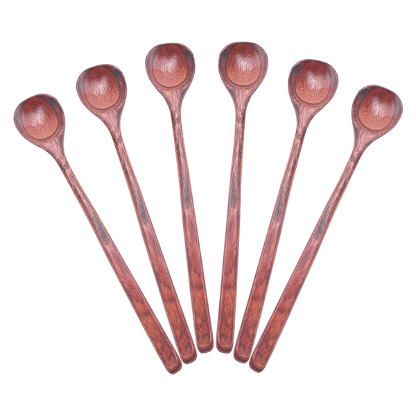 6 Pieces Wooden Long Handle Round Spoons For Soup Cooking Kitchen