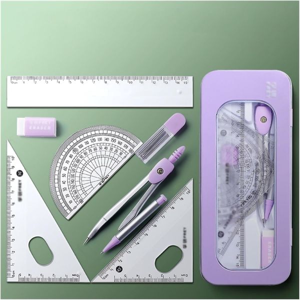 Seven-piece geometry set with compass, ruler, and protractor