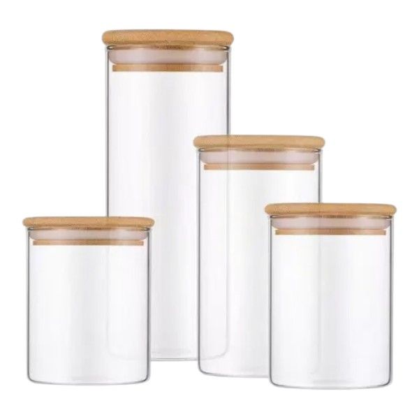 4 Pack - Airtight Glass Kitchen Canister With Bamboo Lid - Transparent