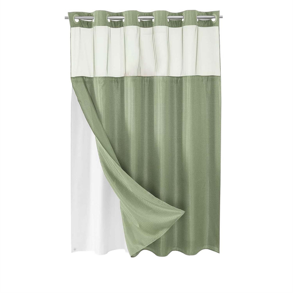 No Hook Waffle-Weave Shower Curtain with Snap-in Fabric Liner Set,C
