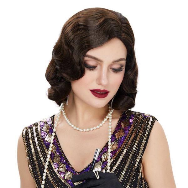 Retro dark brown Women Water Wave Wig