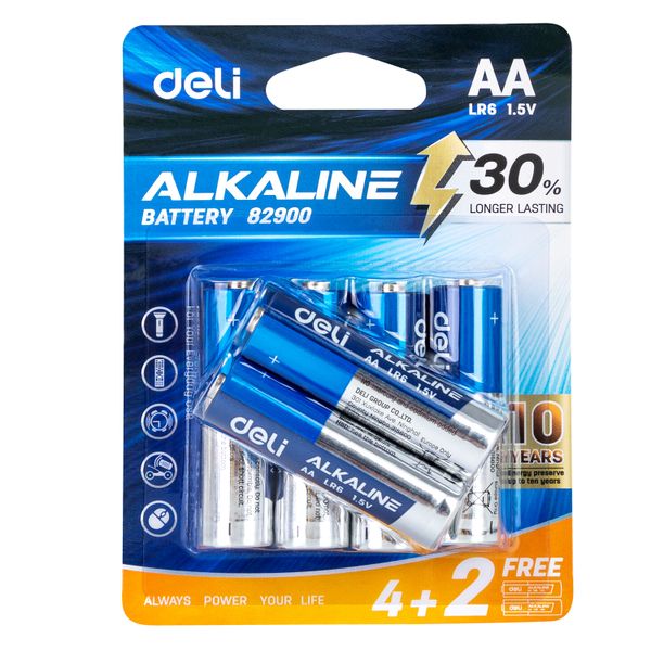 DELI 6 PCS Alkaline Battery AA 1.5V 4+2 Pack Long-Lasting Power