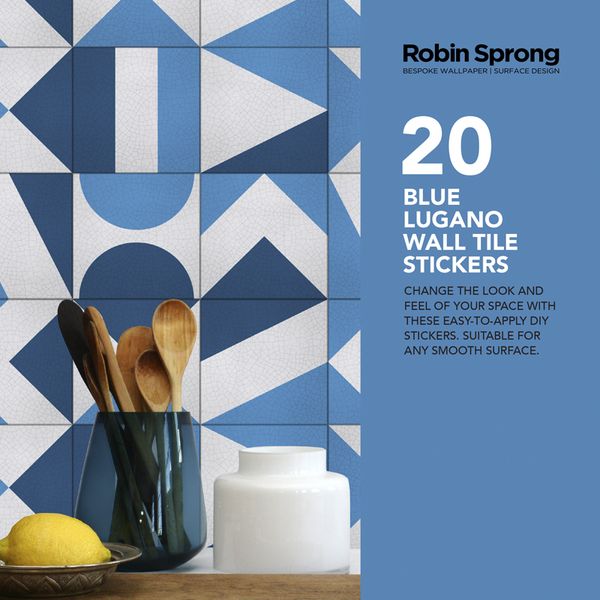 Robin Sprong Pack of 20 15 x 15 cm Blue Lugano Wall Tile Stickers