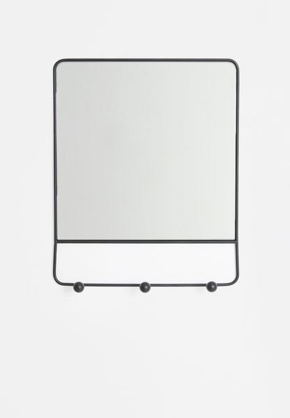 Wall Mounted Mirror With Hooks - Matte Black