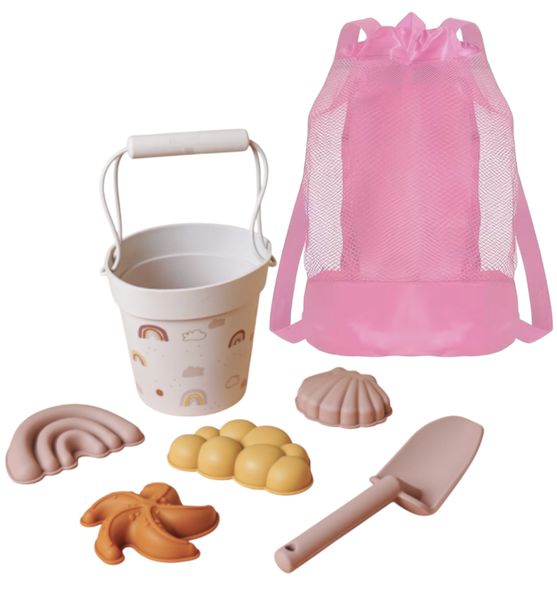Rainbow Dreams Silicone Beach Toy Set with Bucket &amp; Beach Backpack - 7pcs