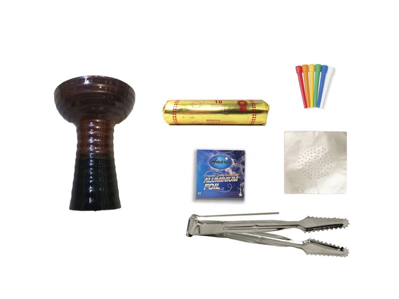 AH TECH Hookah Clay Bowl, Coal, Tong, Mouthpiece &amp; Foil Bundle.