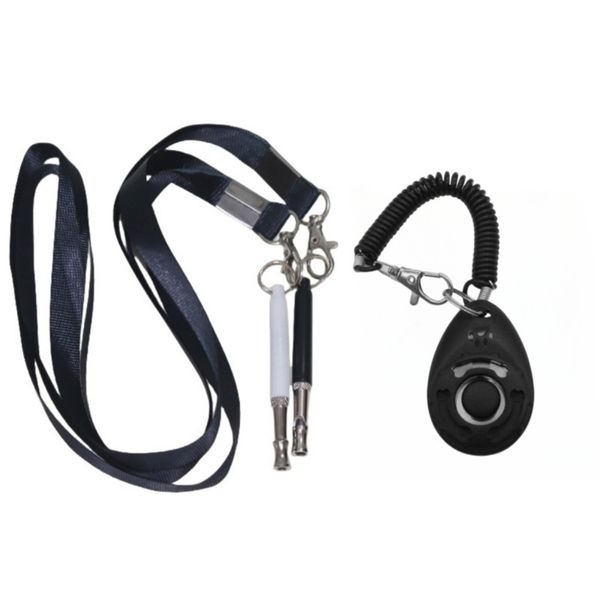Adjustable Dog Whistle Set (1 Black+1 White) , with Black Clicker &amp; Lanyard