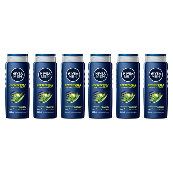 NIVEA MEN Energy 3in1 Shower Gel Body Wash with Mint Extract, 6x500ml