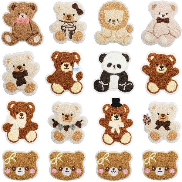 16pcs Cute Bear Panda Chenille Patches-Iron-On Towel Embroidery Appliques