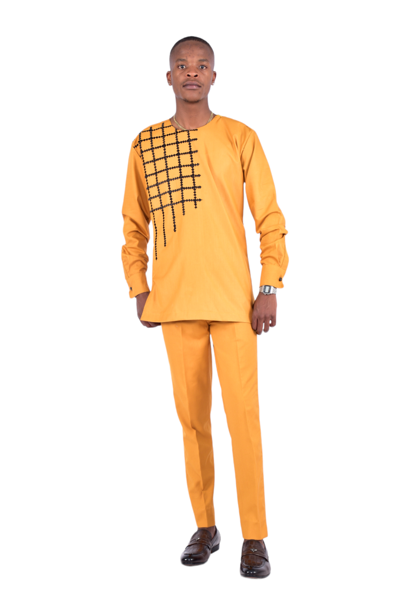 African Men's Traditional Long Sleeve Shirt and Trousers Set Gold