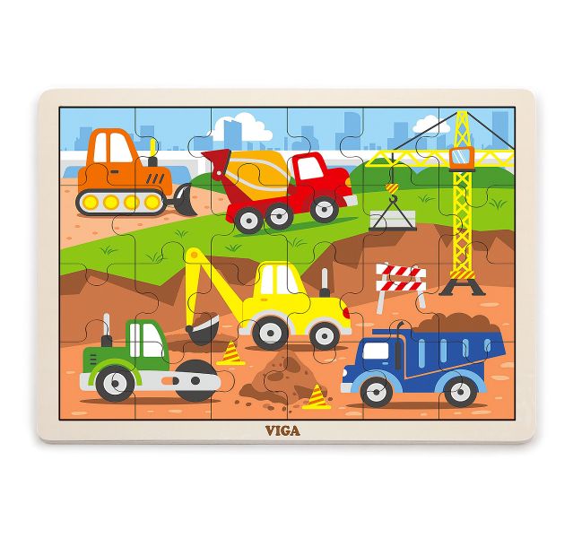 Viga 24 Piece Construction Vehicles Wooden Puzzle with tray