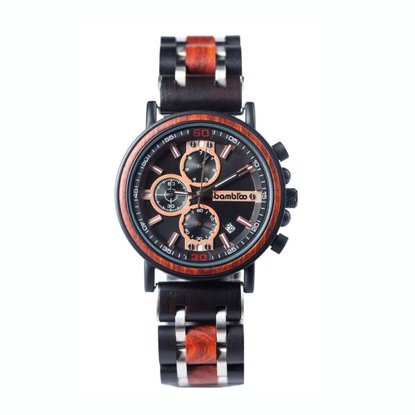 Bambloo Two-Tone Red Wood &amp; Stainless Steel Chronograph Watch