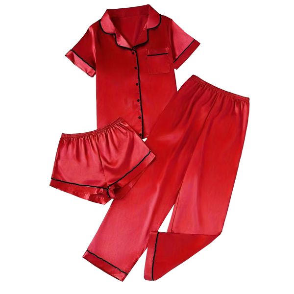 PJ Warehouse Red Satin Short top &amp; pants &amp; Long pants with Black Piping