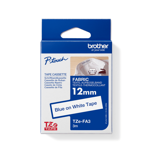 Brother TZe-FA3 Blue on White Iron-on Fabric Tape 12mm