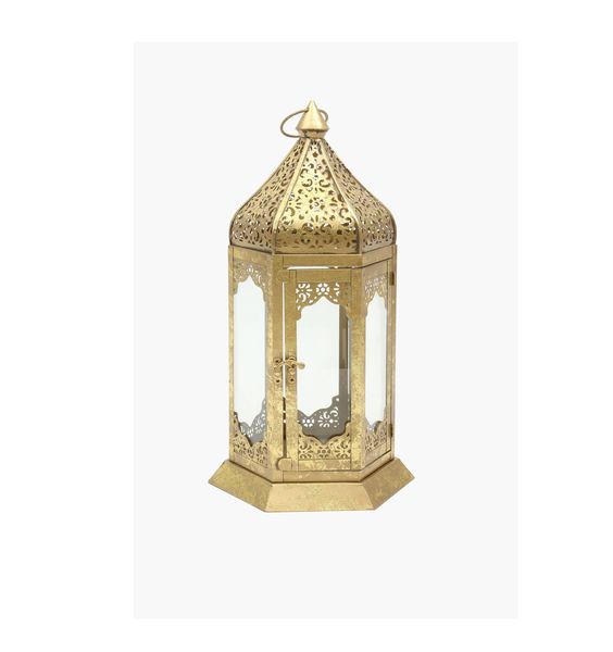 Vintage Gold Moroccan Metal Lantern Candle Holder with Glass Panels