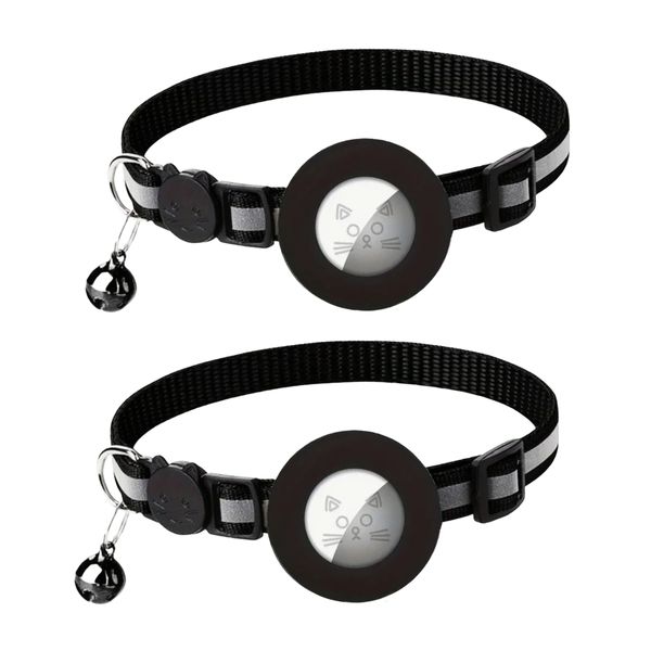 2 Pack Small Dog/ Cat Apple Airtag Holder And Collar With Bell - Black